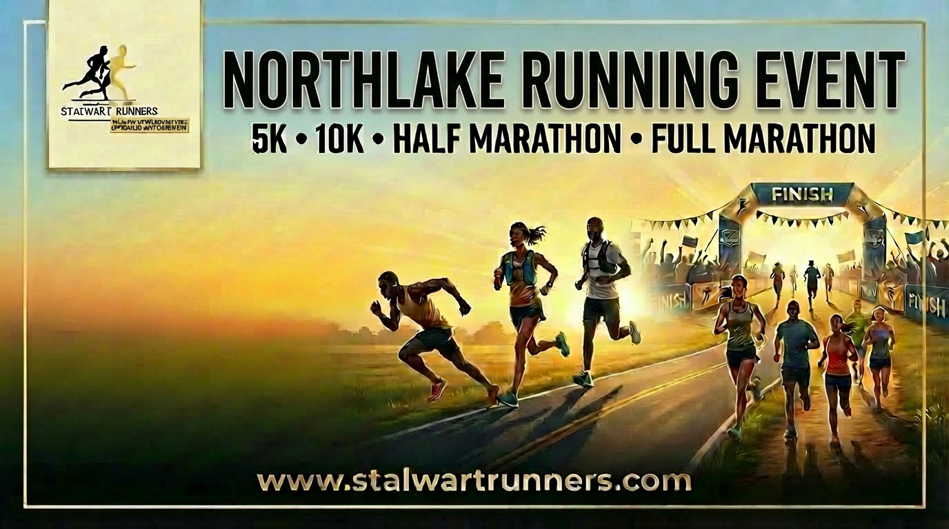 Northlake Running Event banner. Runners on course, with finish line in the distance.