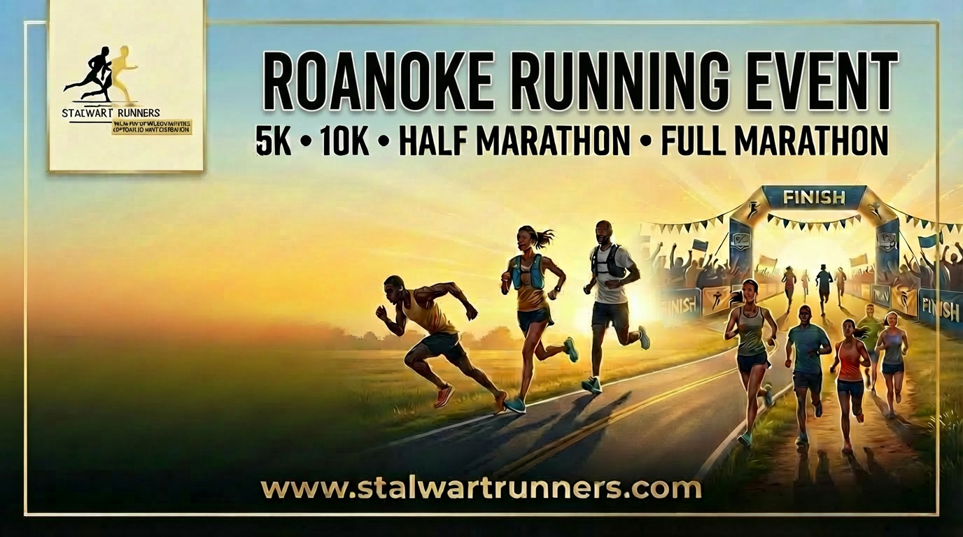 Roanoke Running Event ad: Runners distances: 5K, 10K, Half Marathon, Full Marathon.