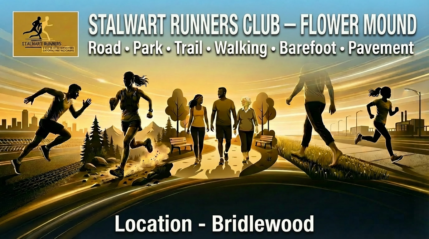 Stalwart Runners Club event ad. Silhouettes running on a trail. Location: Harvest Front Porch.