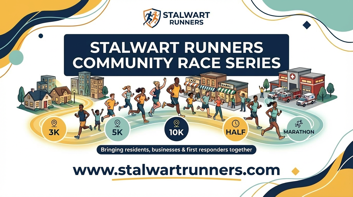 Community Runners of various abilities participating. Buildings and course distances shown: 1K, 5K, 10K, Half, & Fun Run.