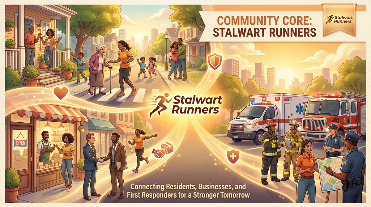 Community support graphic: people on sidewalks, crosswalk, first responders, business owners, and runners on a road.