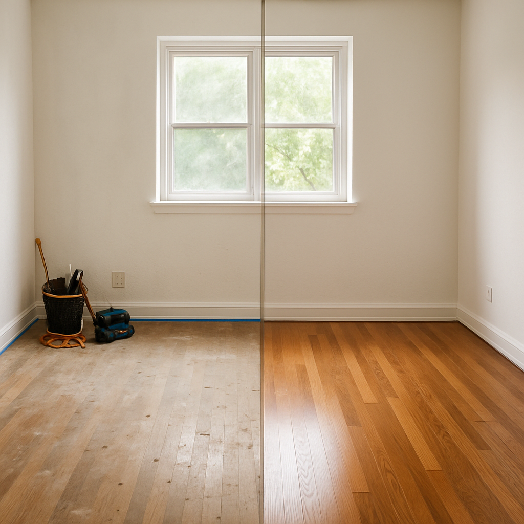 Room with a before and after comparison of hardwood floors: the left side shows worn flooring, the right side shows newly refinished flooring.