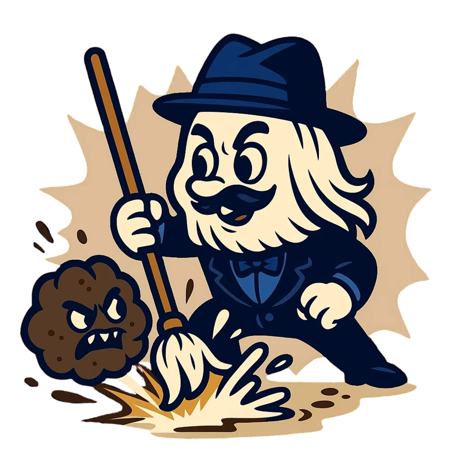 Woman in yellow gloves cleaning a round mirror; blue logo on her lavender shirt, light blue background.