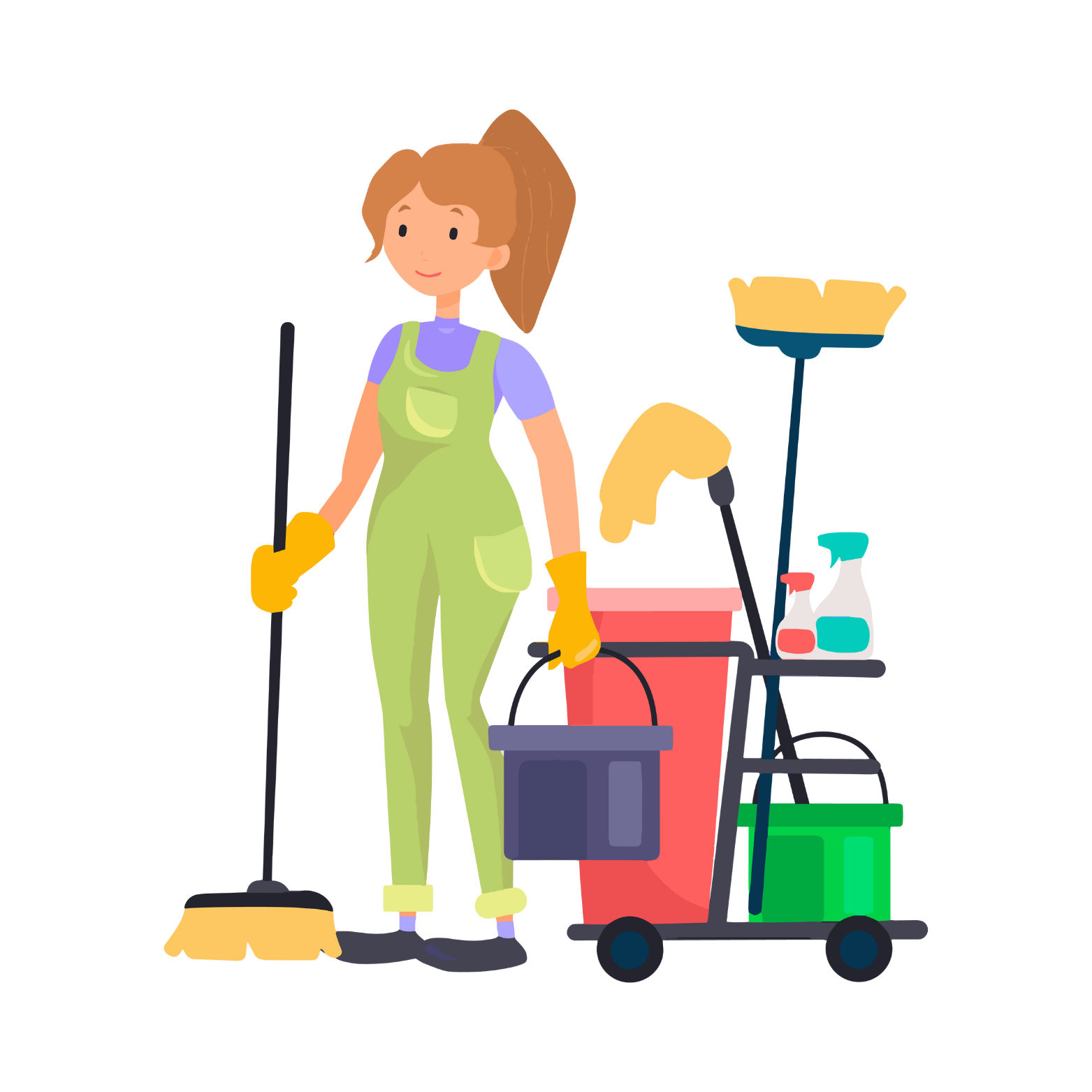 Woman in overalls with cleaning supplies, holding a mop, next to a cart.