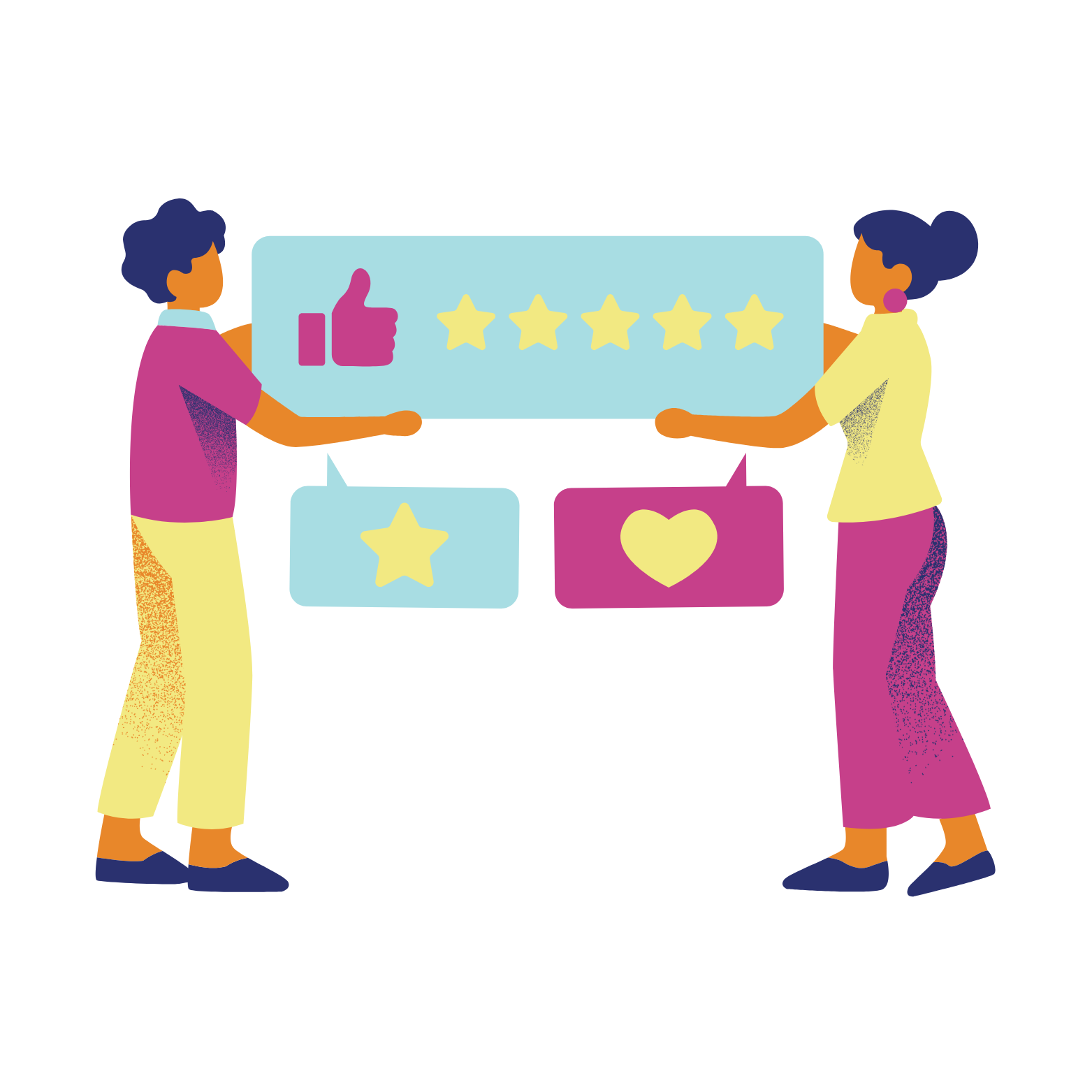 Two people holding review speech bubbles: thumbs up, stars, a star, and a heart.