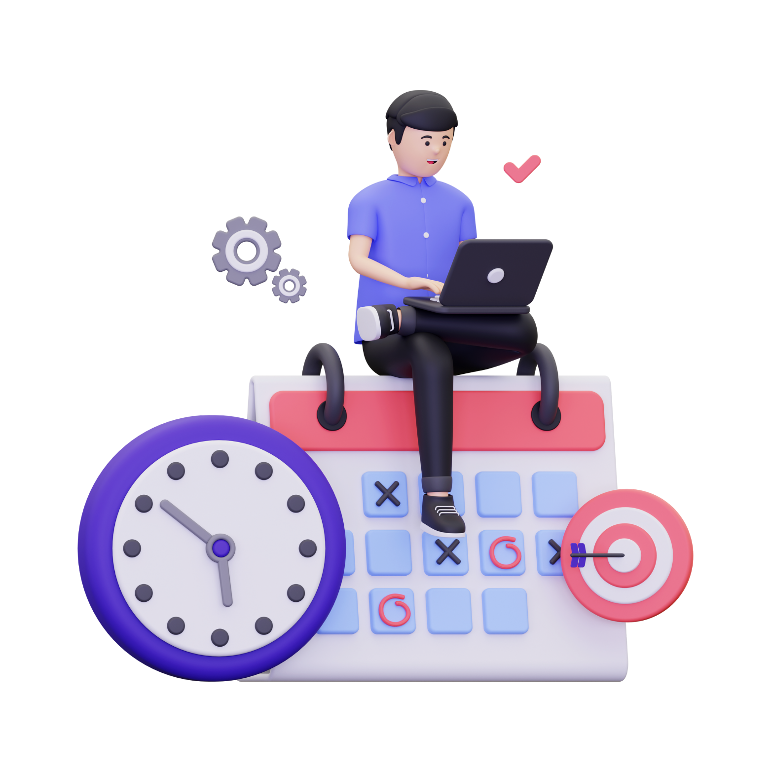 Man with laptop atop a calendar, clock, and target; planning and time management concept.