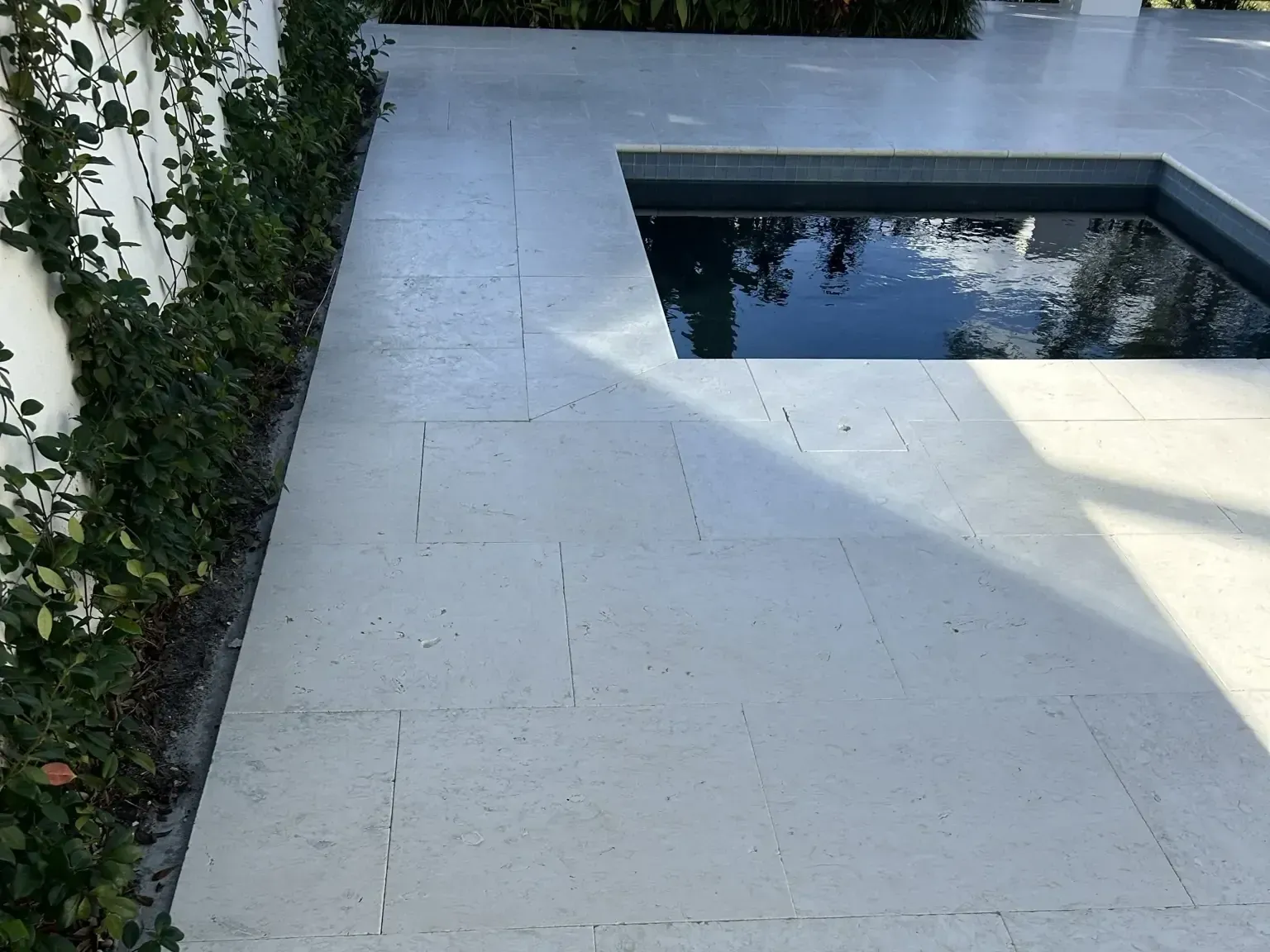 Light-colored stone patio with rectangular pool, bordered by a wall with green vines.