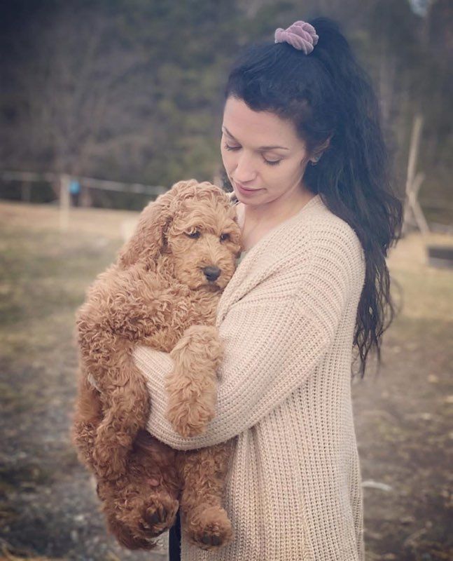Monica of Wild Highland Standard Poodles is holding a poodle puppy in her arms.