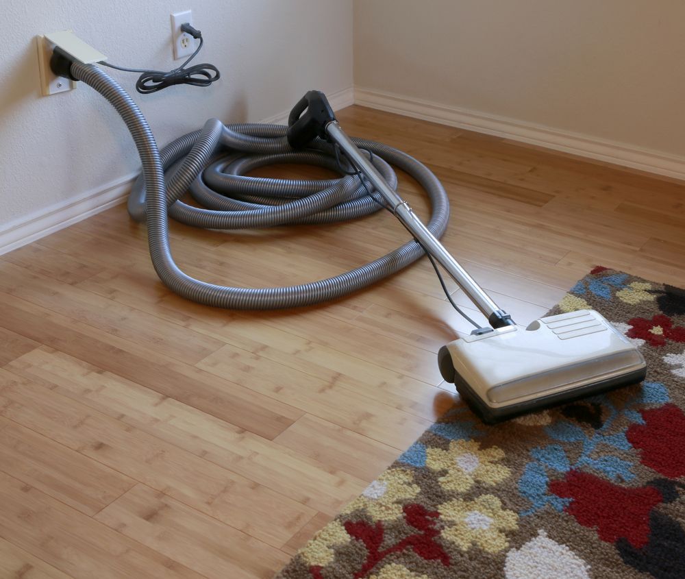 Vacuum cleaner on hardwood floor beside a colorful rug, with hose coiled near the wall outlet