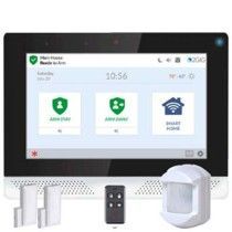 Home security system control panel with app icons, keypad, motion sensor, and door/window sensors