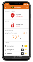 Smart home app on a phone showing security, locked front door, 72° thermostat, and room lights controls