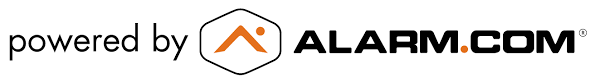 Alarm.com logo with orange house icon and “powered by” text on a white background