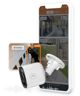 Security camera app showing live views of a driveway and front door on a smartphone, with a white camera device.