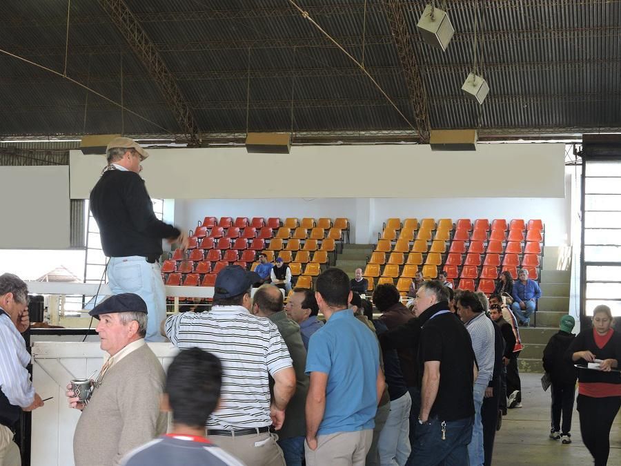 Un grupo de personas están de pie en una habitación con filas de asientos.