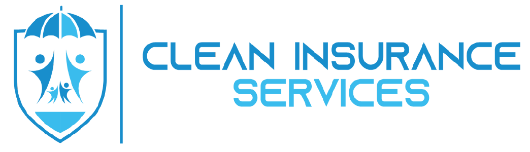 Logo for Clean Insurance Services featuring a shield, umbrella, and people in blue.