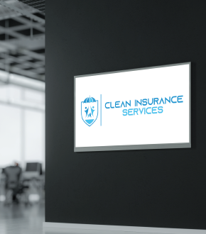 Sign on a black wall displaying the Clean Insurance Services logo, a blue shield with people inside.