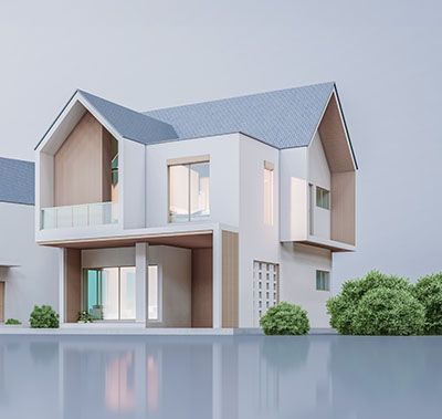 A white house with a blue roof is reflected in the water.