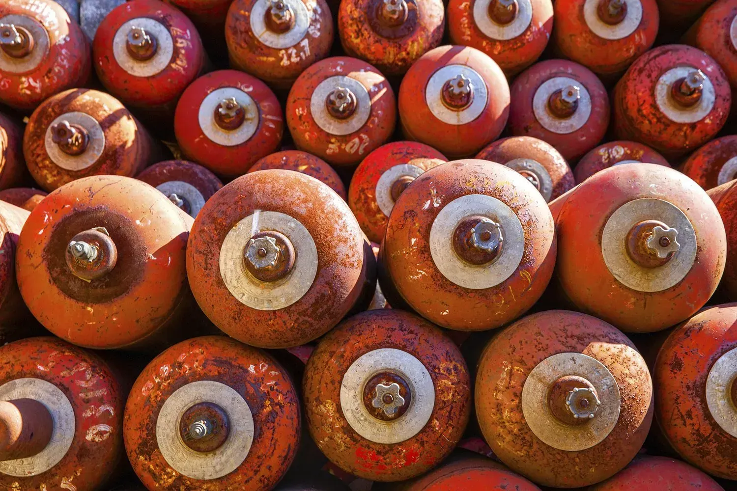 A bunch of red balls with white circles on them