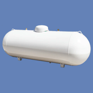 A large white propane tank against a blue sky
