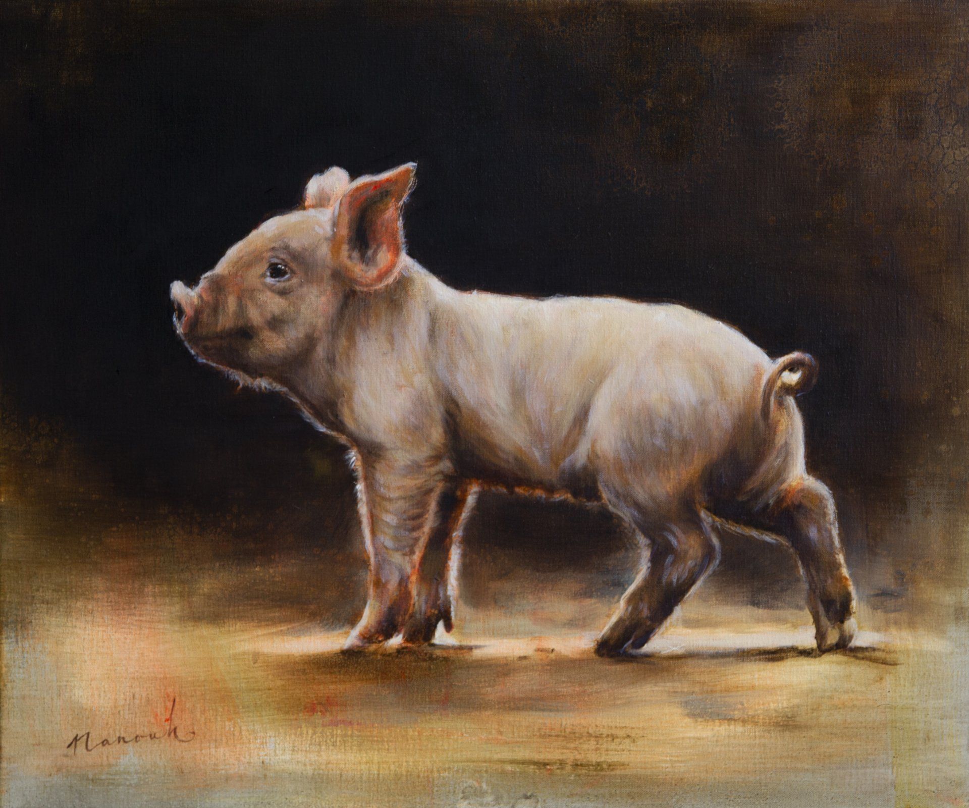 Een schilderij van een varken dat op zijn achterpoten staat op een donkere achtergrond.