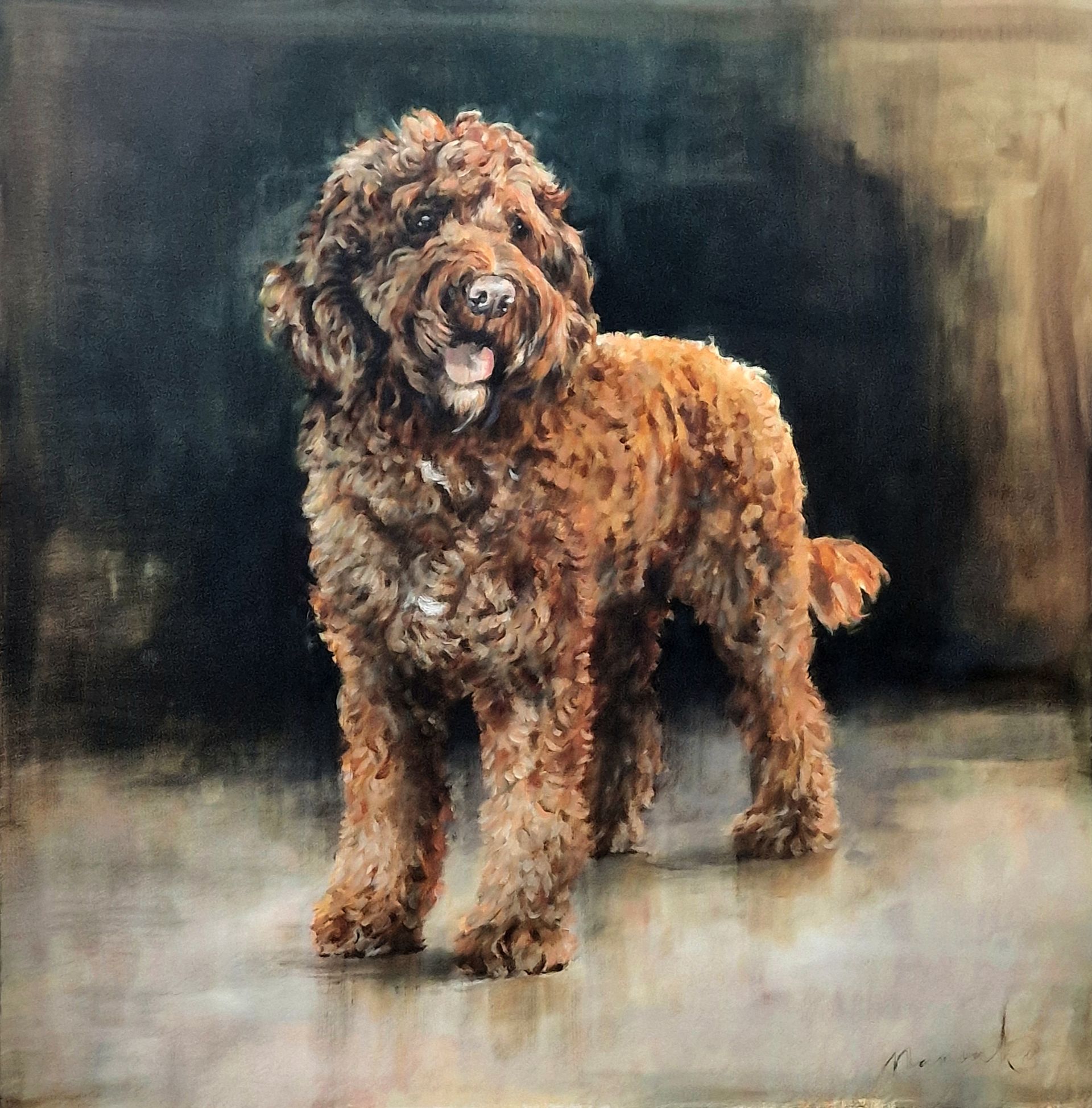 Een schilderij van een bruine en witte hond op een bruine achtergrond