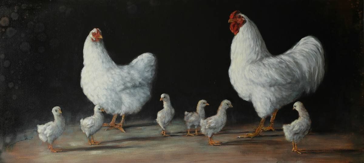 Een schilderij van een groep witte kippen die naast elkaar staan.