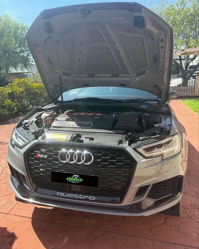 Silver Audi Rs3 With Hood Open, Parked Outdoors on a Sunny Day — Amrix Automotive In Sefton, NSW