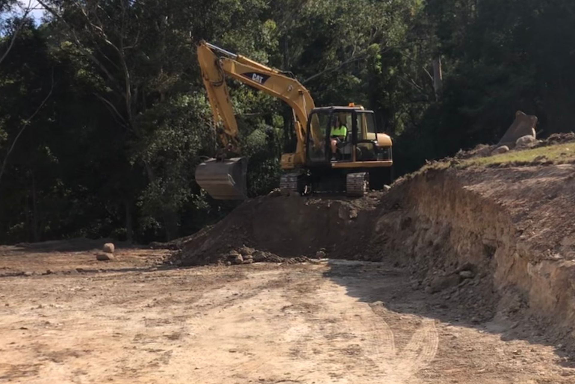 Yellow excavator on a dirt pile, in a clearing. Trees in the background.