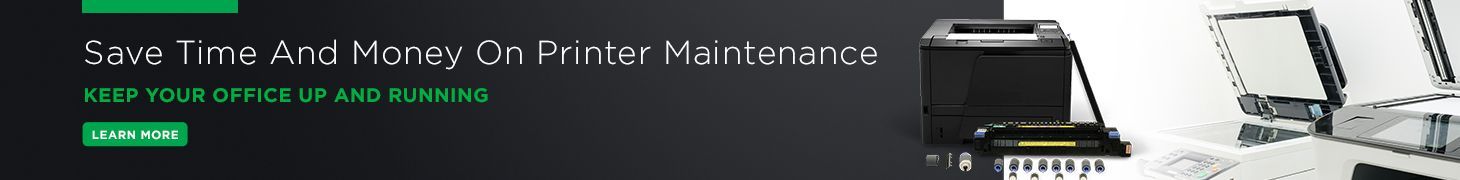Two white printers on a green-and-white promo banner with product text.