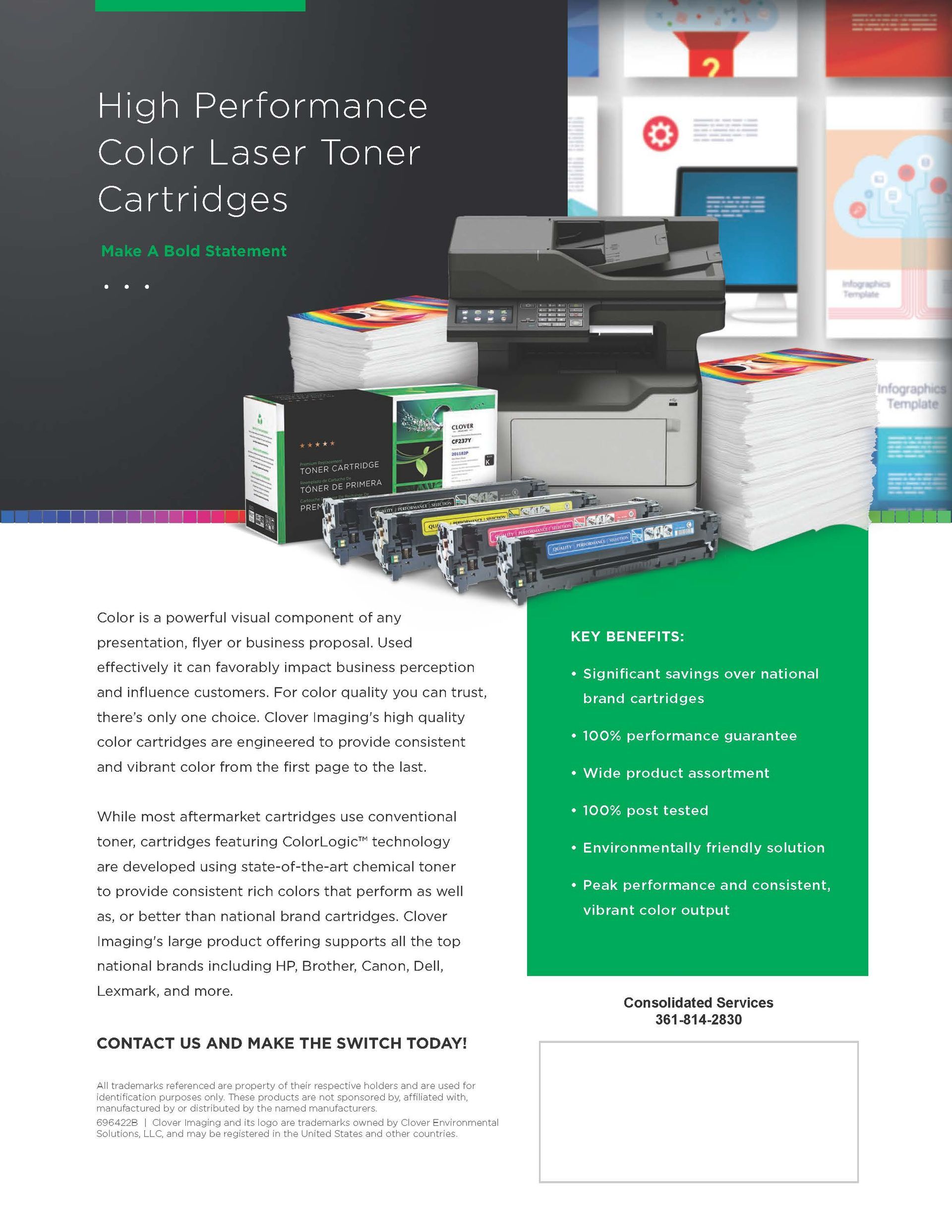 Promotional flyer with printers, ink cartridges, and a green feature list panel