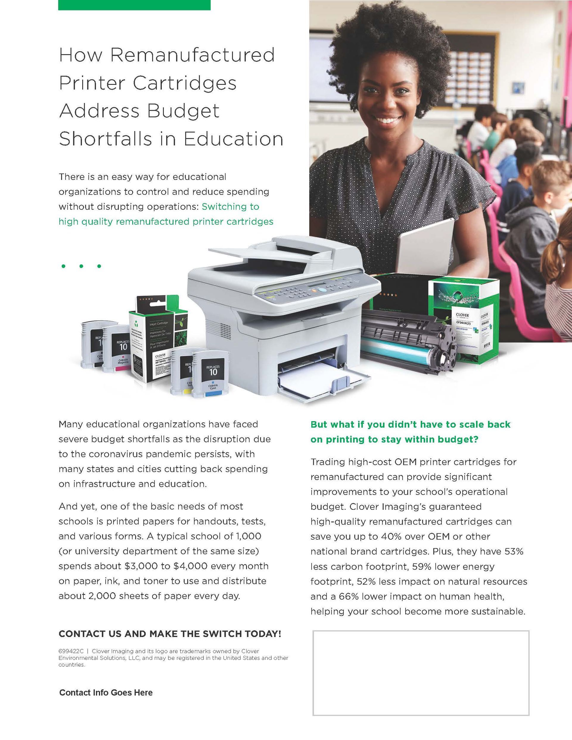 Marketing flyer for printer cartridges, featuring a smiling woman beside a printer and ink boxes
