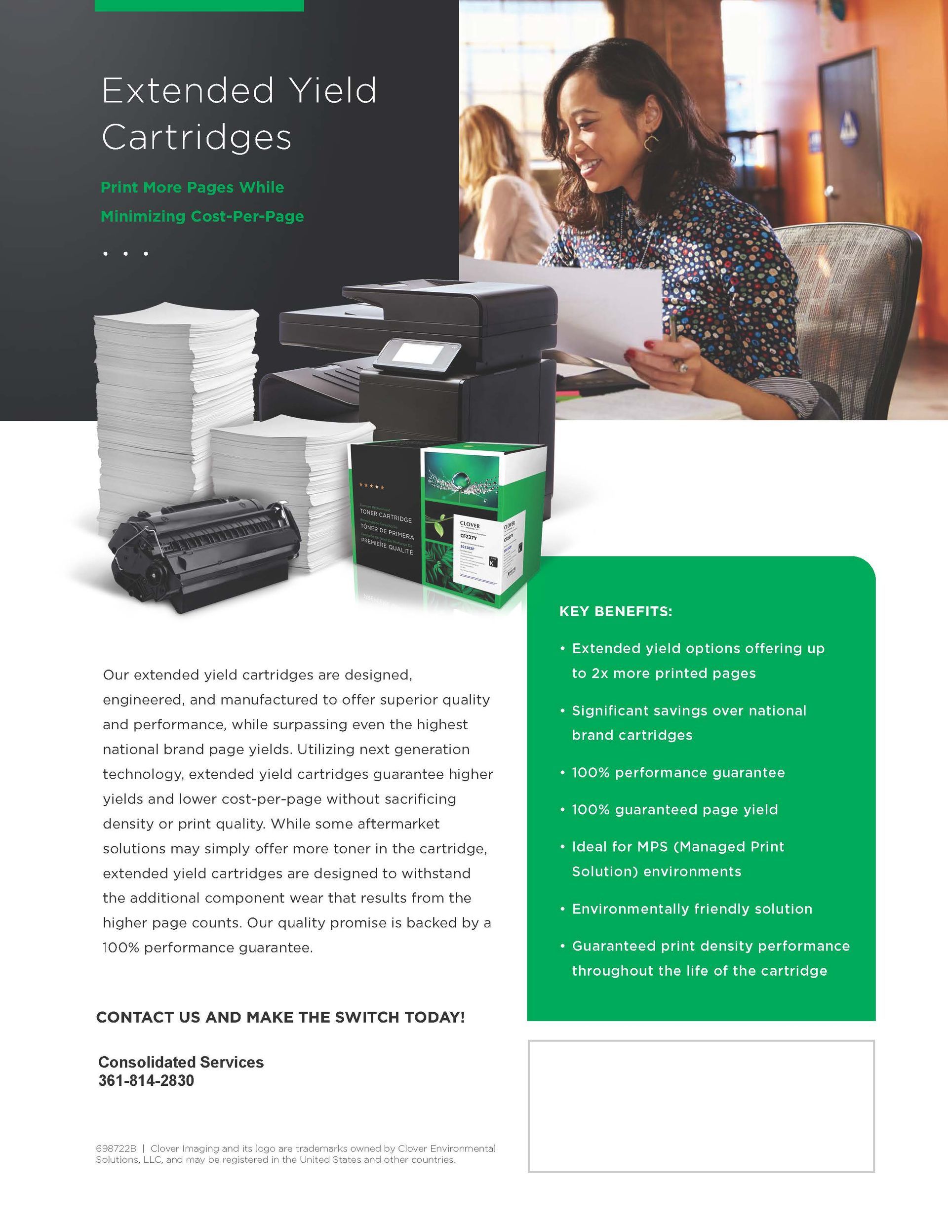Woman in a print shop beside stacks of paper and toner cartridges, holding a sheet of paper. Woman in a print shop beside stacks of paper and toner cartridges, holding a sheet of paper.
