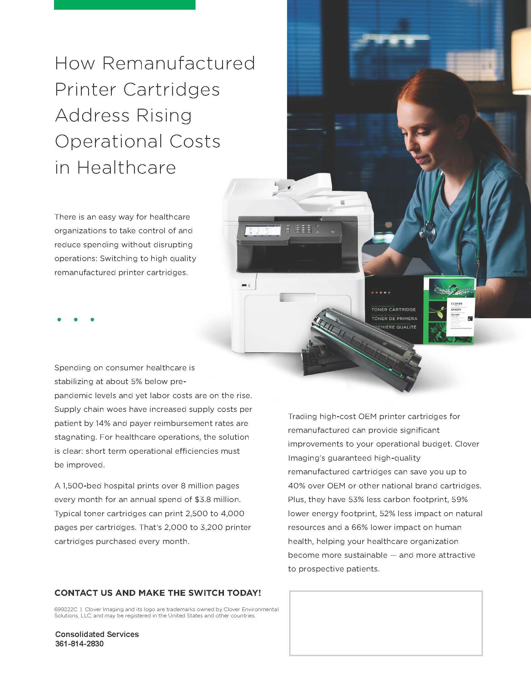 Healthcare worker using a white desktop printer in an office, with a green-and-black scanner beside it. Healthcare worker using a white desktop printer in an office, with a green-and-black scanner beside it.