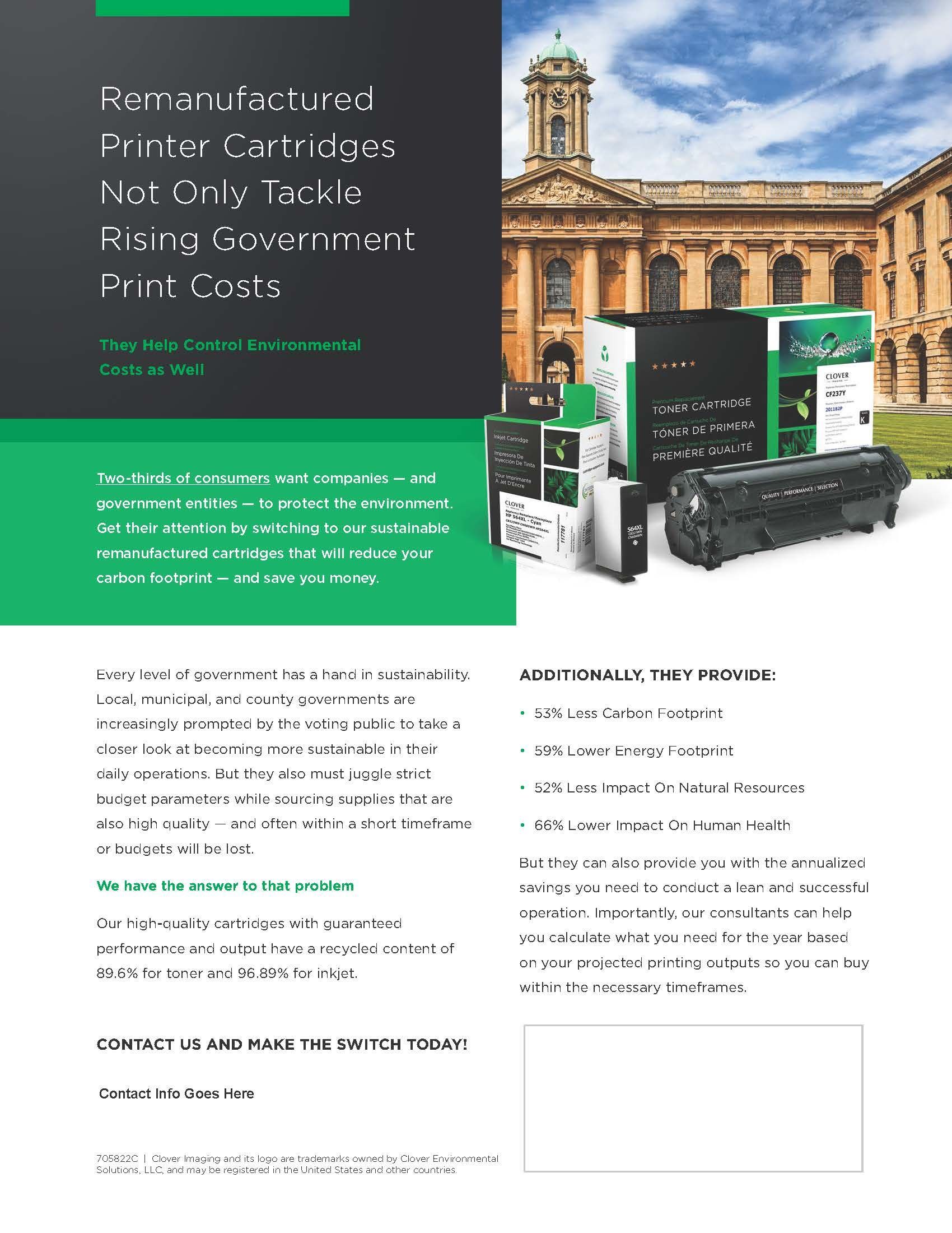 Promotional flyer with green-and-black product boxes and industrial equipment before a historic building backdrop Promotional flyer with green-and-black product boxes and industrial equipment before a historic building backdrop