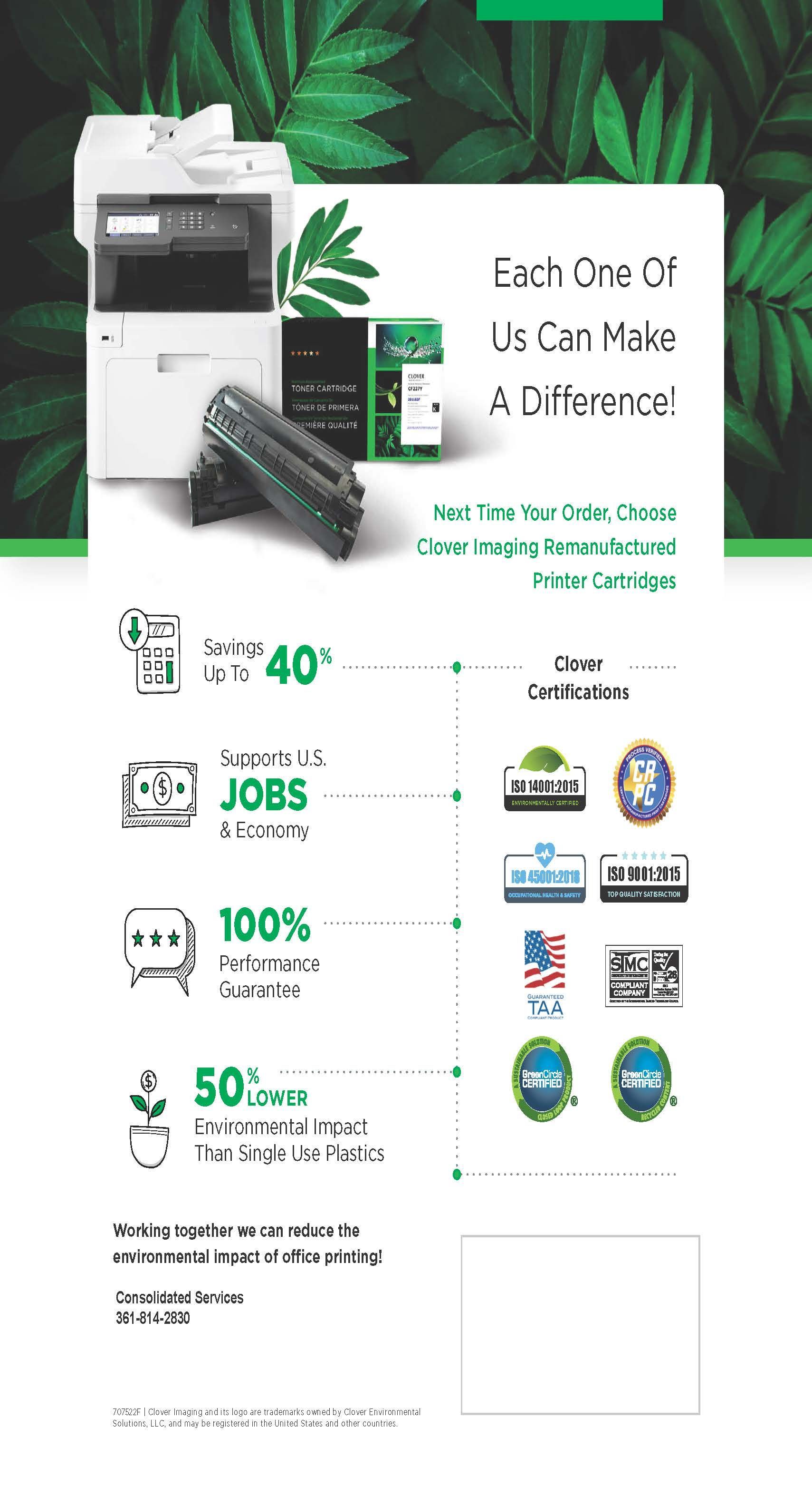 Promotional flyer for printer ink, with black printer, green leaves, pricing icons, and product logos Promotional flyer for printer ink, with black printer, green leaves, pricing icons, and product logos