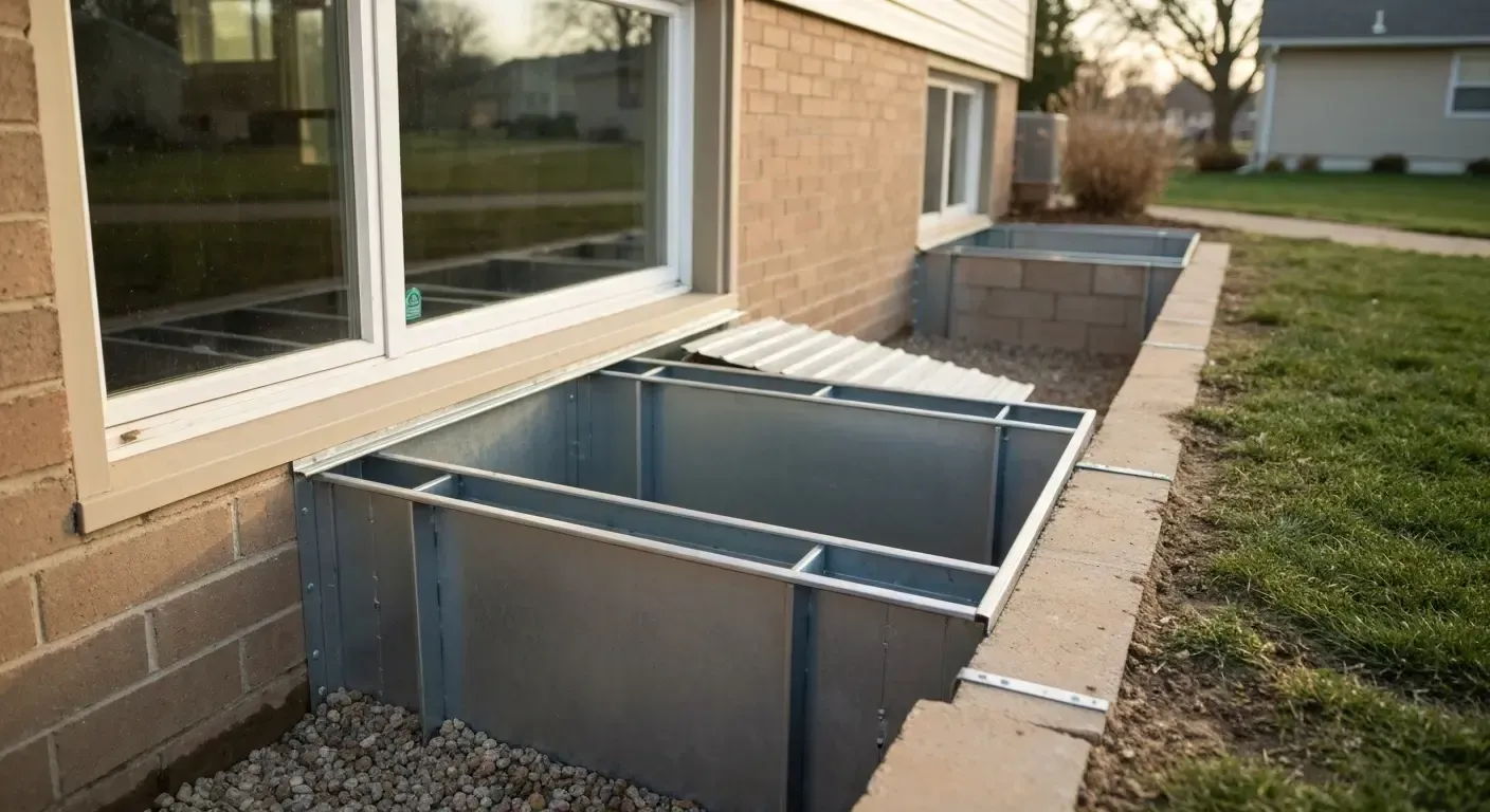 Basement window wells with metal covers along a brick house exterior beside a grassy yard