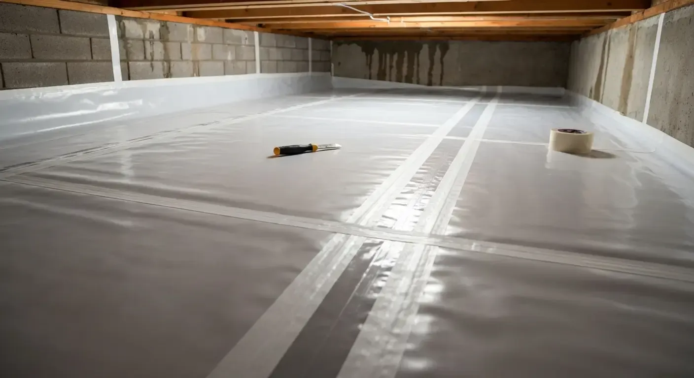 Empty basement with white waterproofed floor and walls under exposed wooden beams