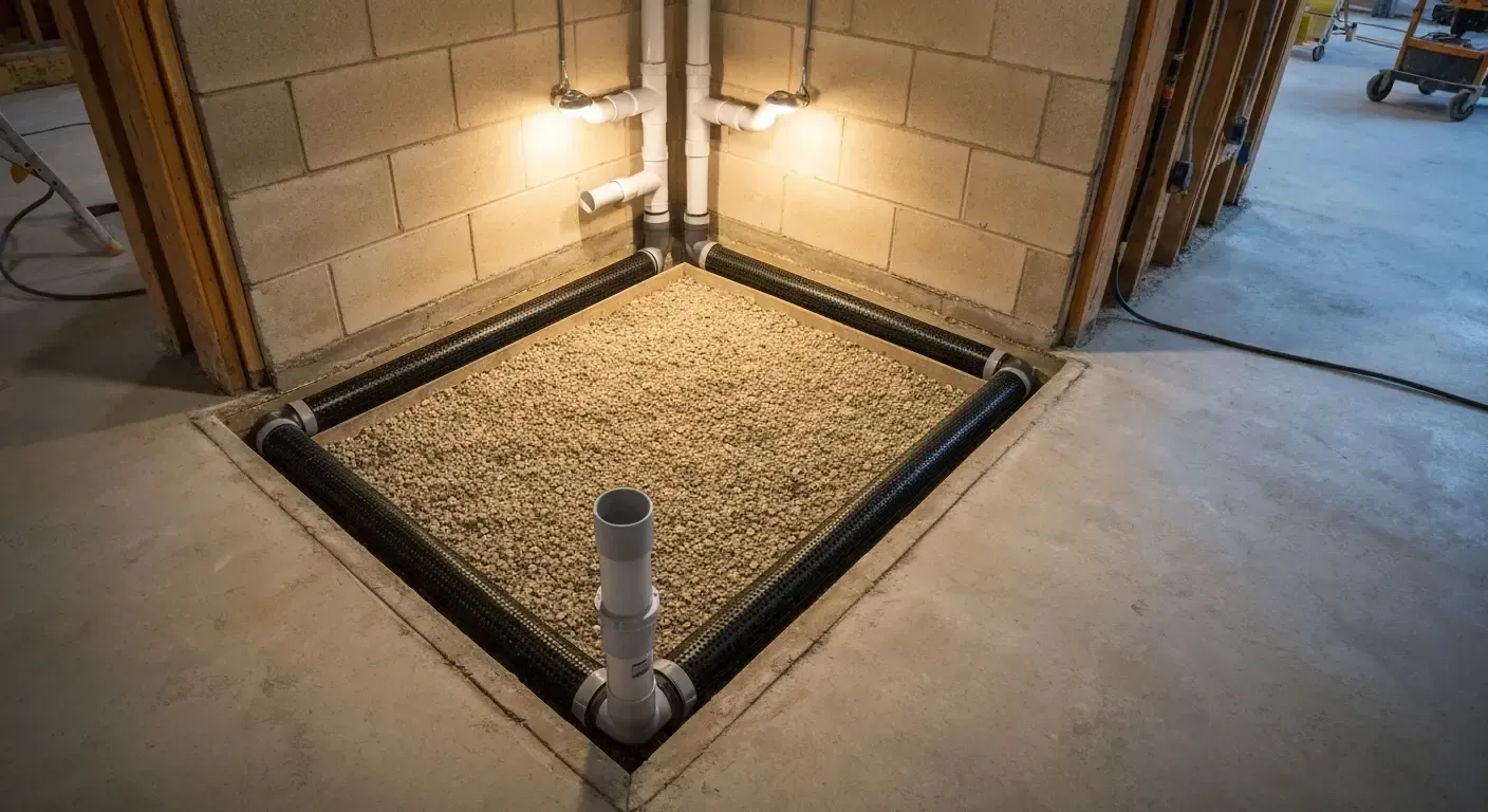 Corner of a concrete patio with a gravel bed, lighted stone wall, and exposed drain pipe at dusk
