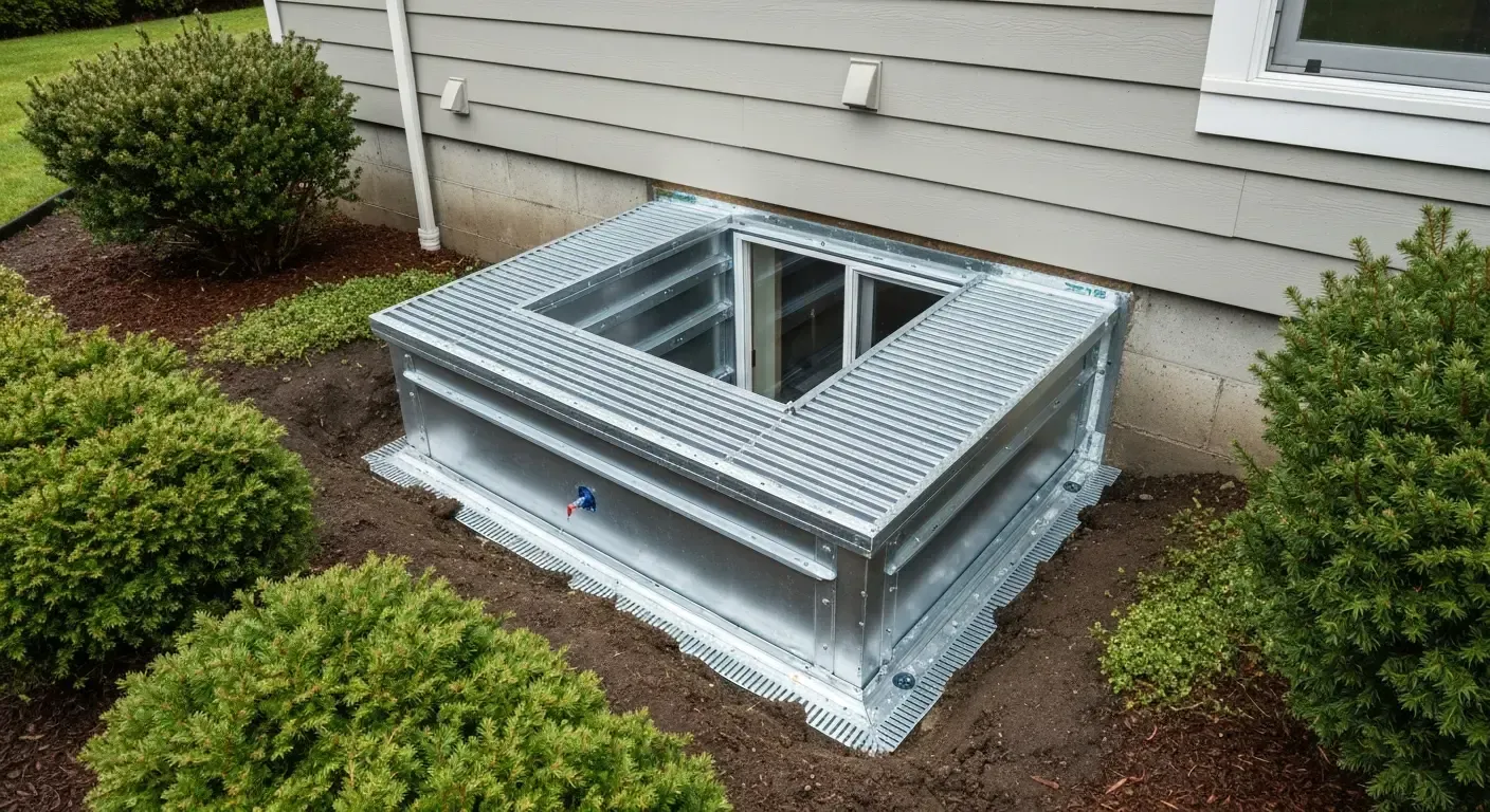 Basement window well cover beside house siding, surrounded by shrubs and mulch.