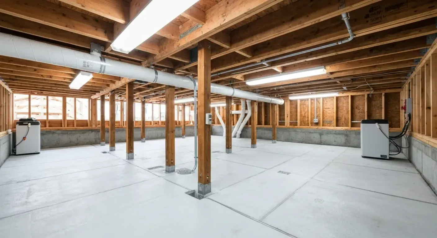 Empty unfinished basement with exposed wooden beams, concrete floor, and fluorescent lights.