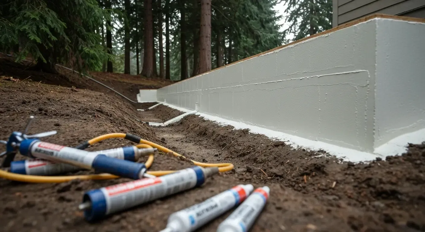 Construction site with white foundation walls and blue caulking tubes on the dirt ground