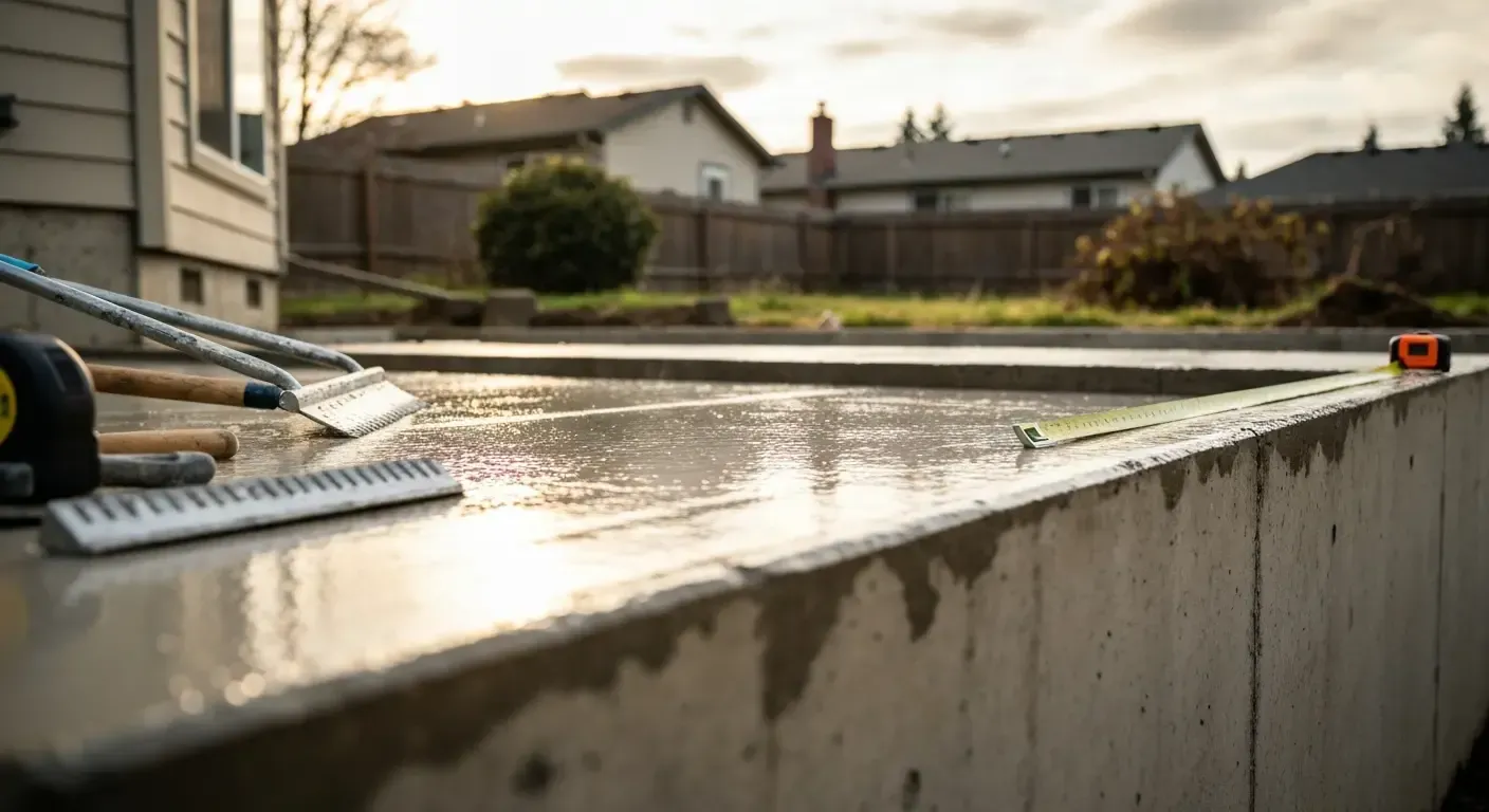 Pressure washer cleaning a wet concrete ledge beside a suburban house at sunset