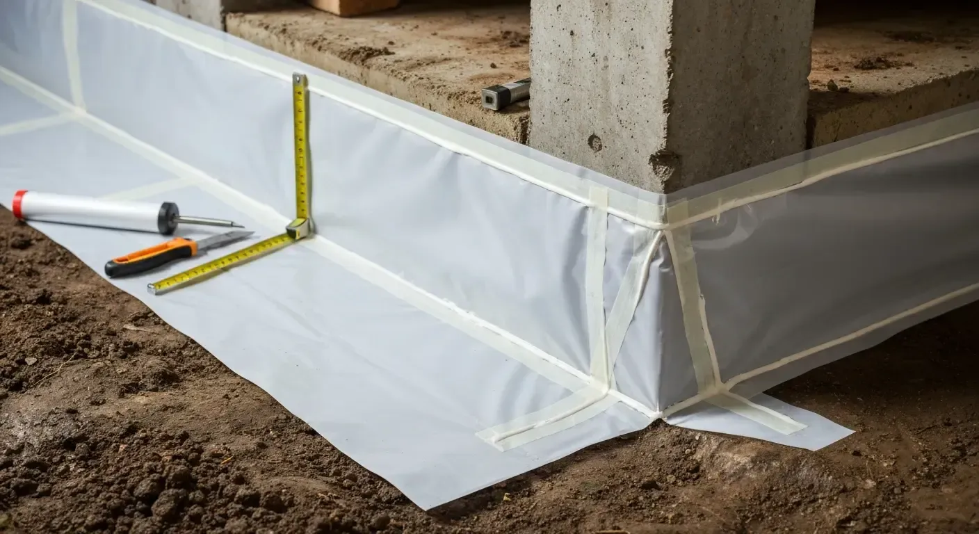 Construction site with white waterproof barrier wrapped around concrete foundation
