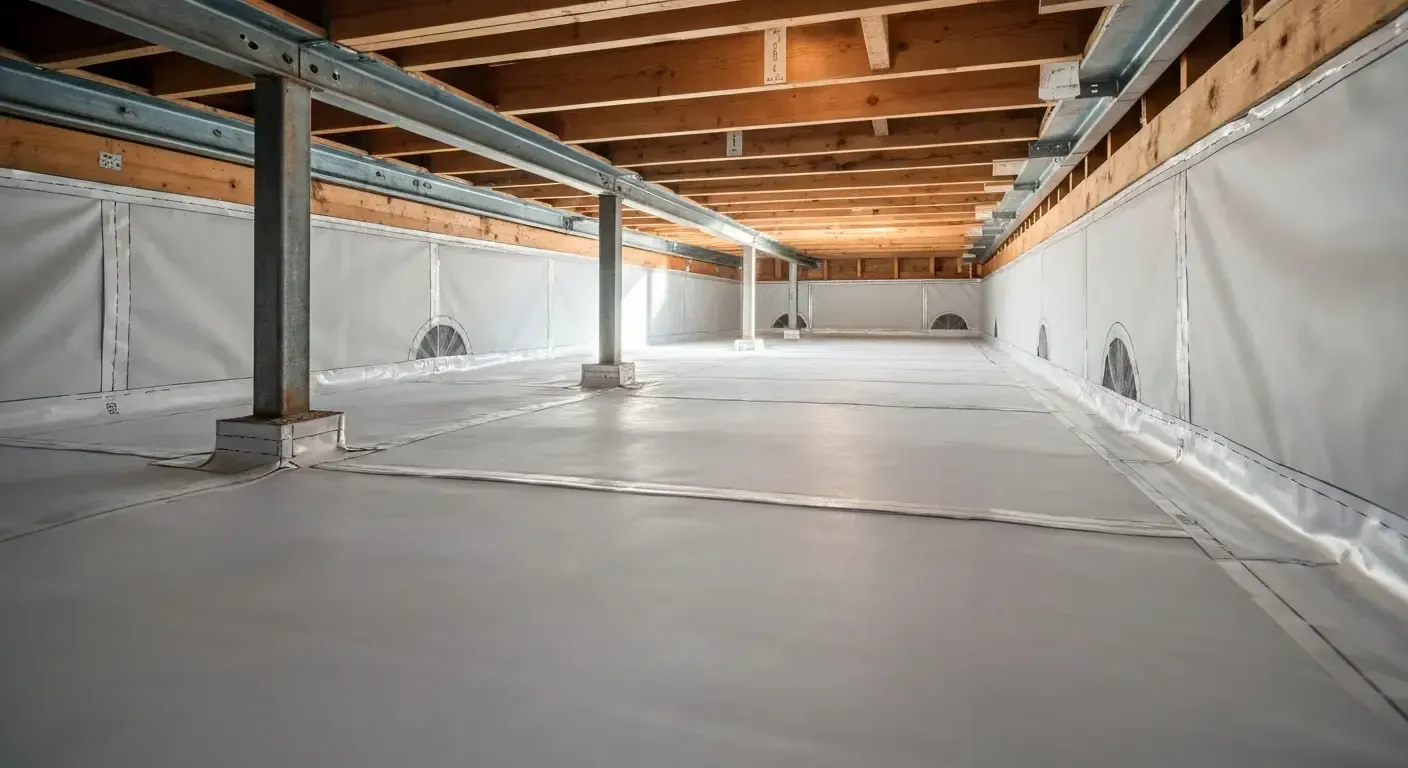 Empty basement with white walls, exposed wooden beams, and a smooth concrete floor