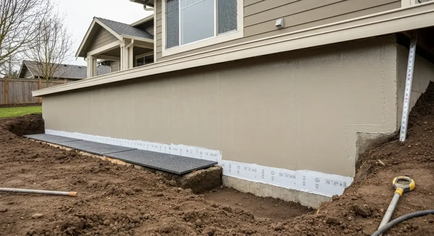 Exterior house foundation under construction, with beige siding, white trim, and bare dirt along the base.