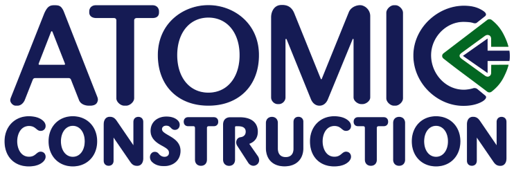 Atomic Construction logo with navy text and a green circular arrow icon