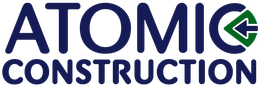 Atomic Construction logo with navy text and a green circular arrow icon