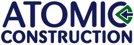 Atomic Construction logo with navy text and a green circular arrow icon