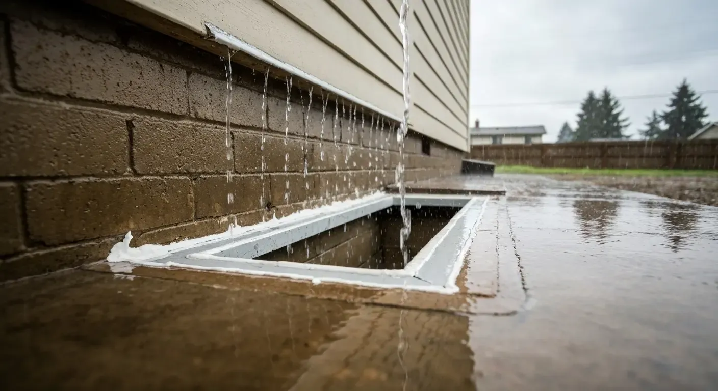 Floodwater pooling against a house foundation with an open basement window well.
