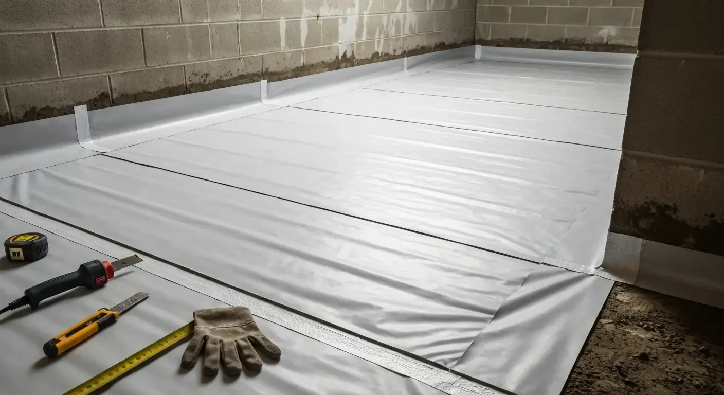 White ground cover being installed in a basement with tools and gloves in the foreground.